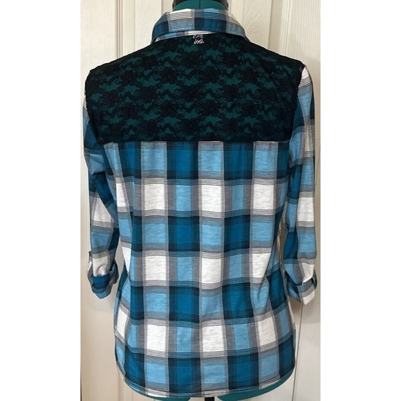 Women Bongo Brand Blouse Blue Plaid w/Lacey Back Polyester Blend Junior Size M - Picture 4 of 16
